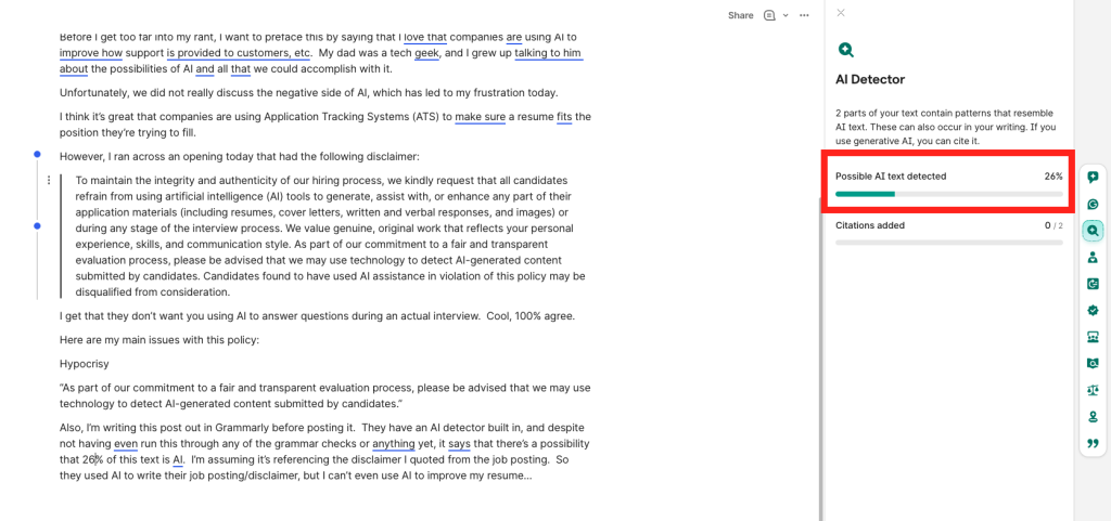 Screenshot of Grammarly's AI Detector showing there's a chance up to 26t5 of the text is AI generated.